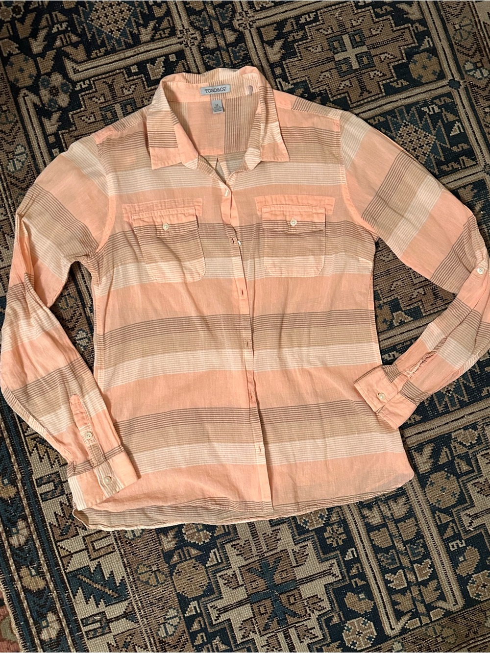 Toad&Co Peach Striped Button-Front Shirt - Women's M 100% organic cotton